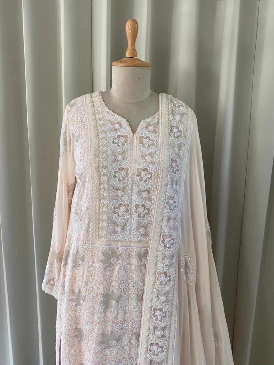 Peach Georgette Chikankari Kasab Jaal Kurta Set