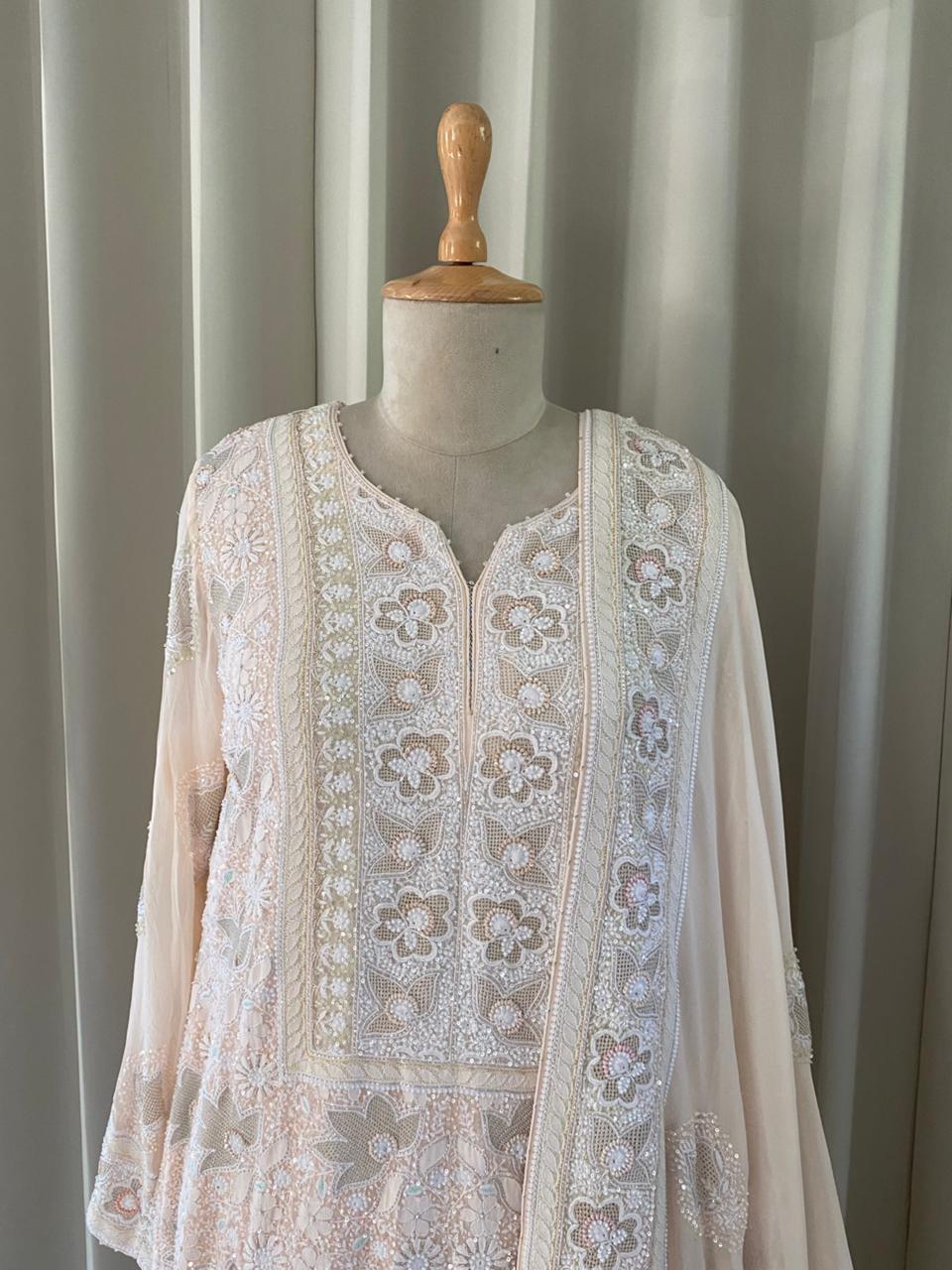 Peach Georgette Chikankari Kasab Jaal Kurta Set
