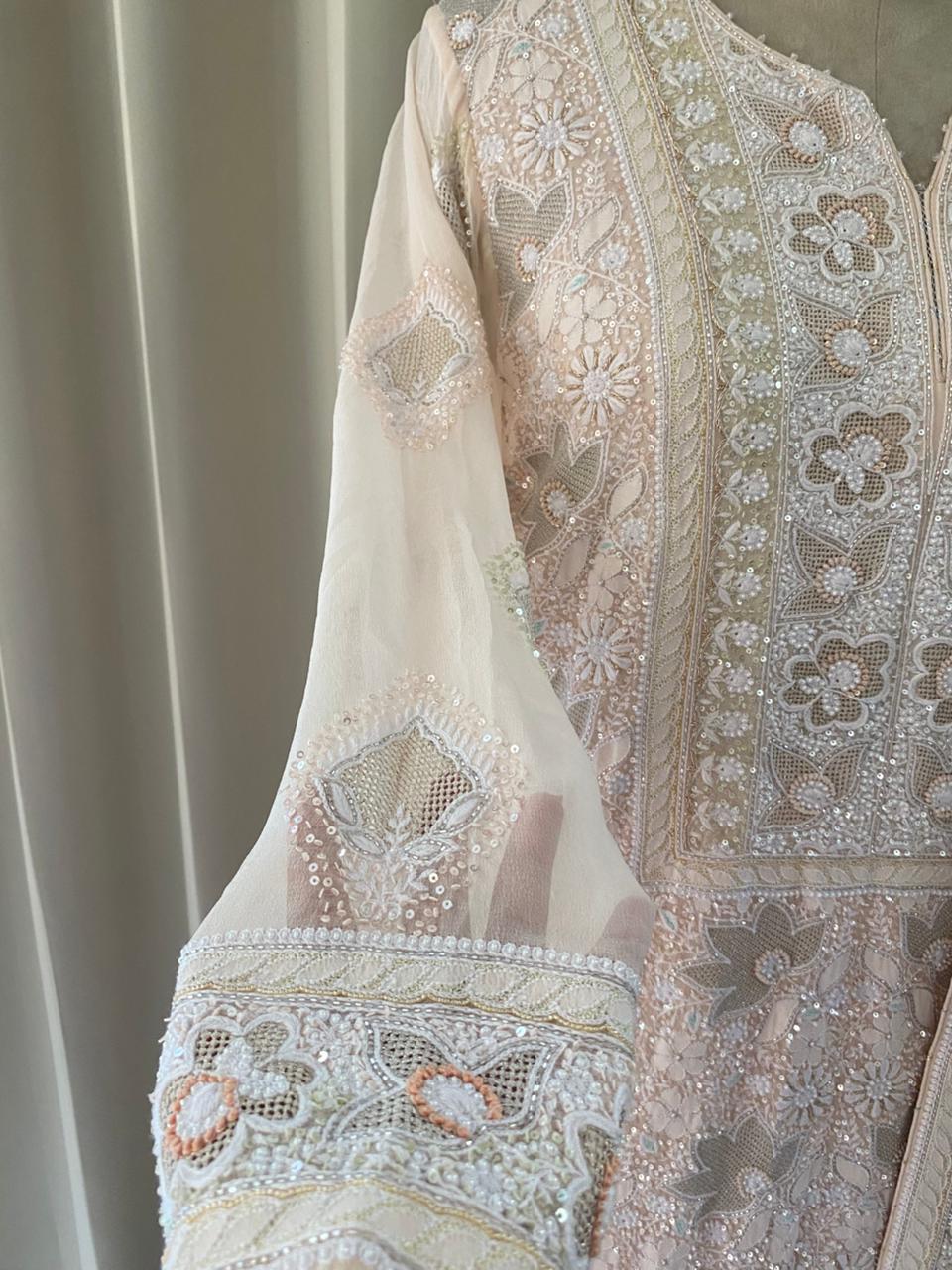 Peach Georgette Chikankari Kasab Jaal Kurta Set