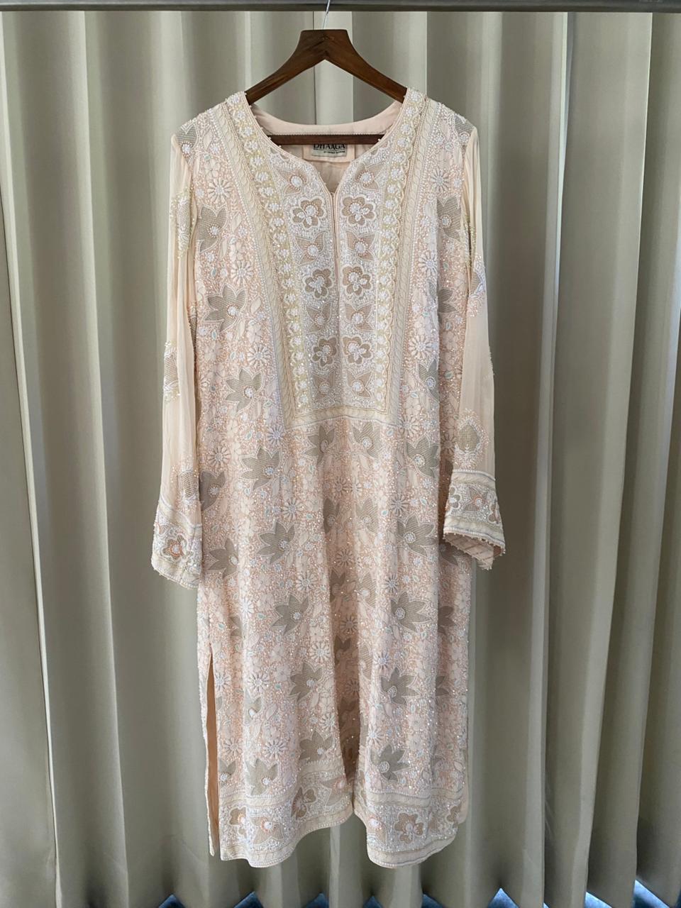 Peach Georgette Chikankari Kasab Jaal Kurta Set