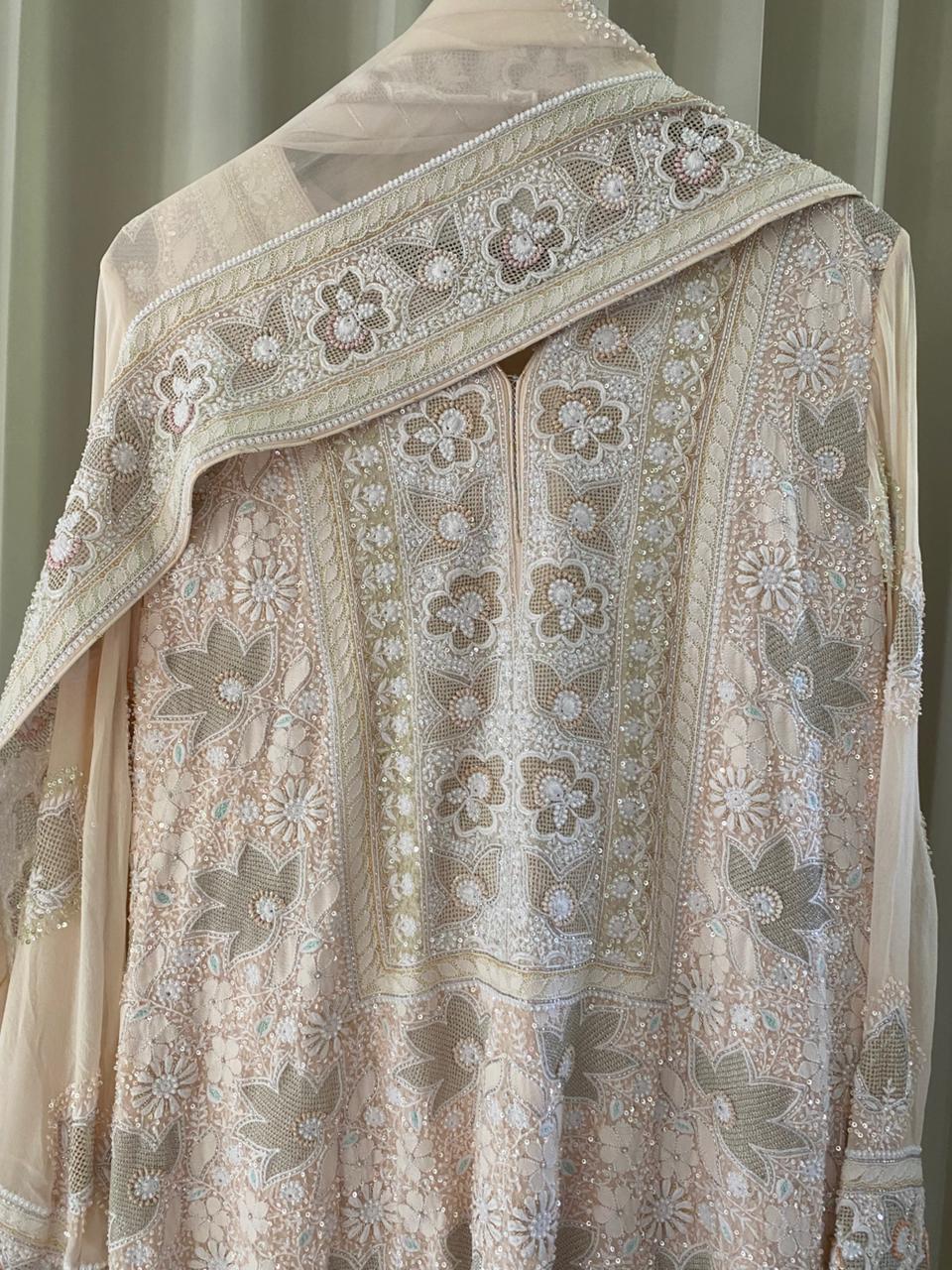 Peach Georgette Chikankari Kasab Jaal Kurta Set