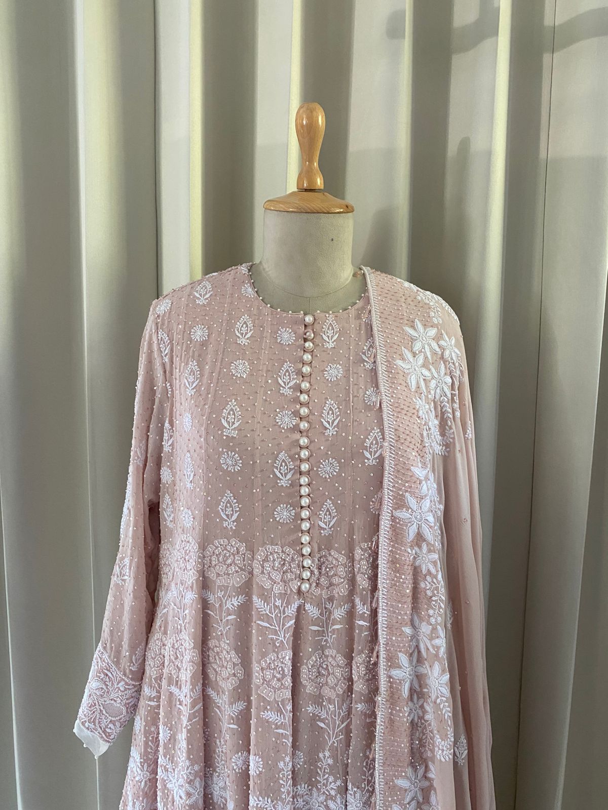 Pink Georgette Floral Motif Chikankari Anarkali Set