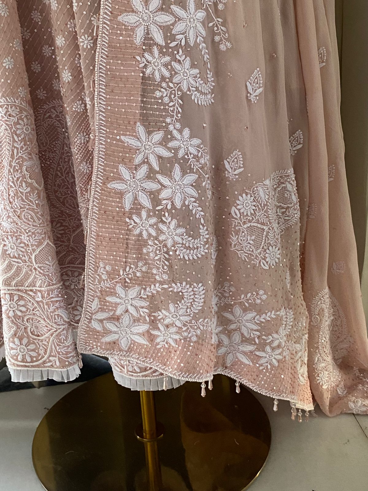 Pink Georgette Floral Motif Chikankari Anarkali Set