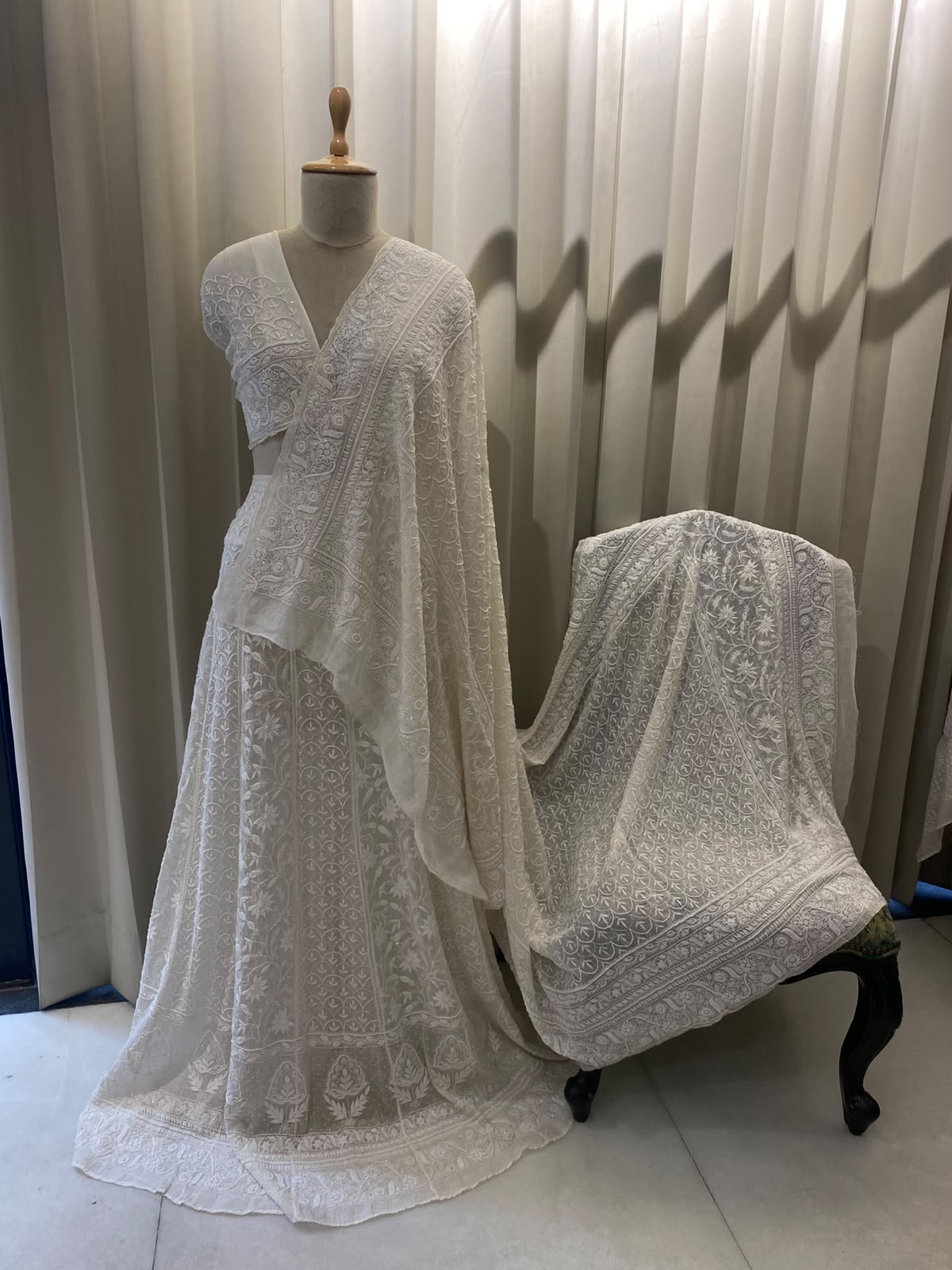 White Mul Chanderi Chikankari Lehenga Set