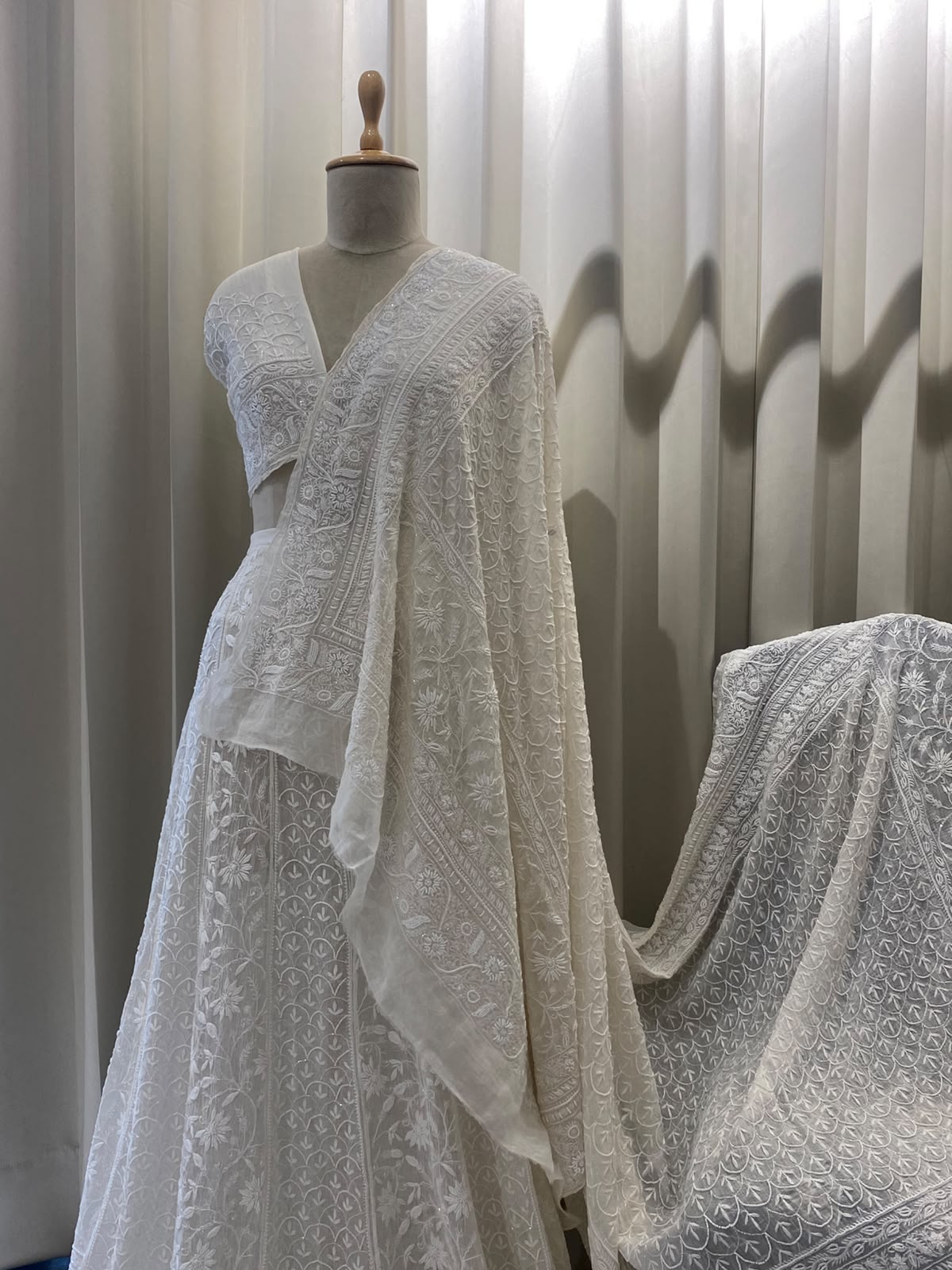 White Mul Chanderi Chikankari Lehenga Set