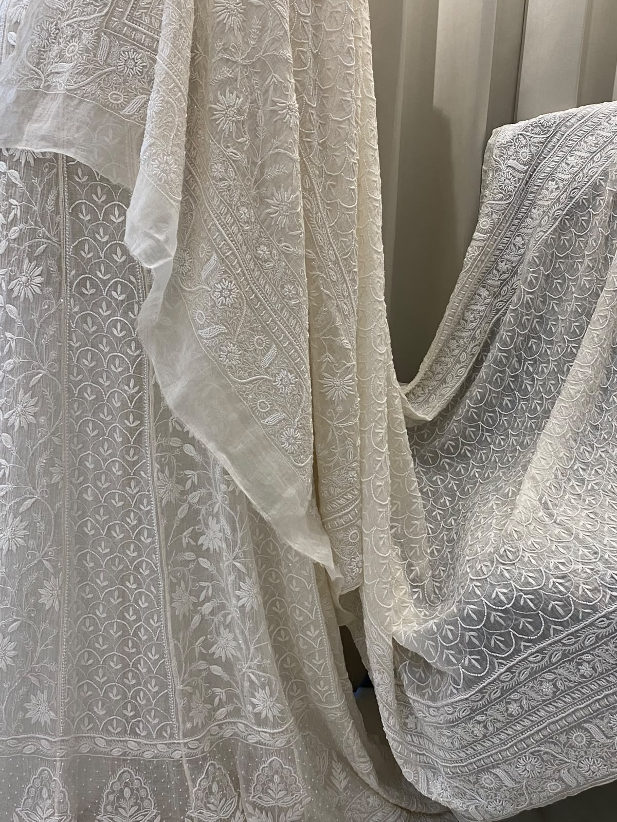 White Mul Chanderi Chikankari Lehenga Set
