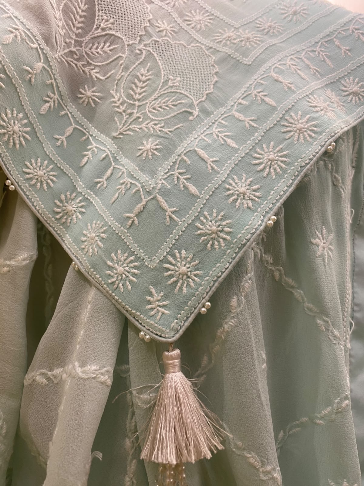 Blue Georgette Chikankari Dupatta with tassel detailing