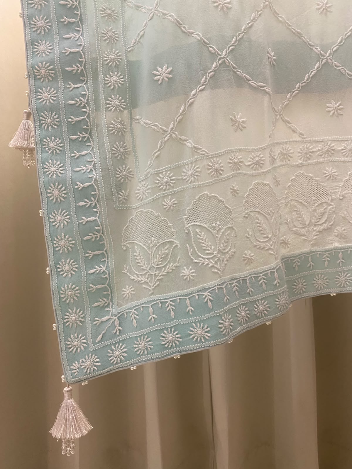 Blue Georgette Chikankari Dupatta with tassel detailing