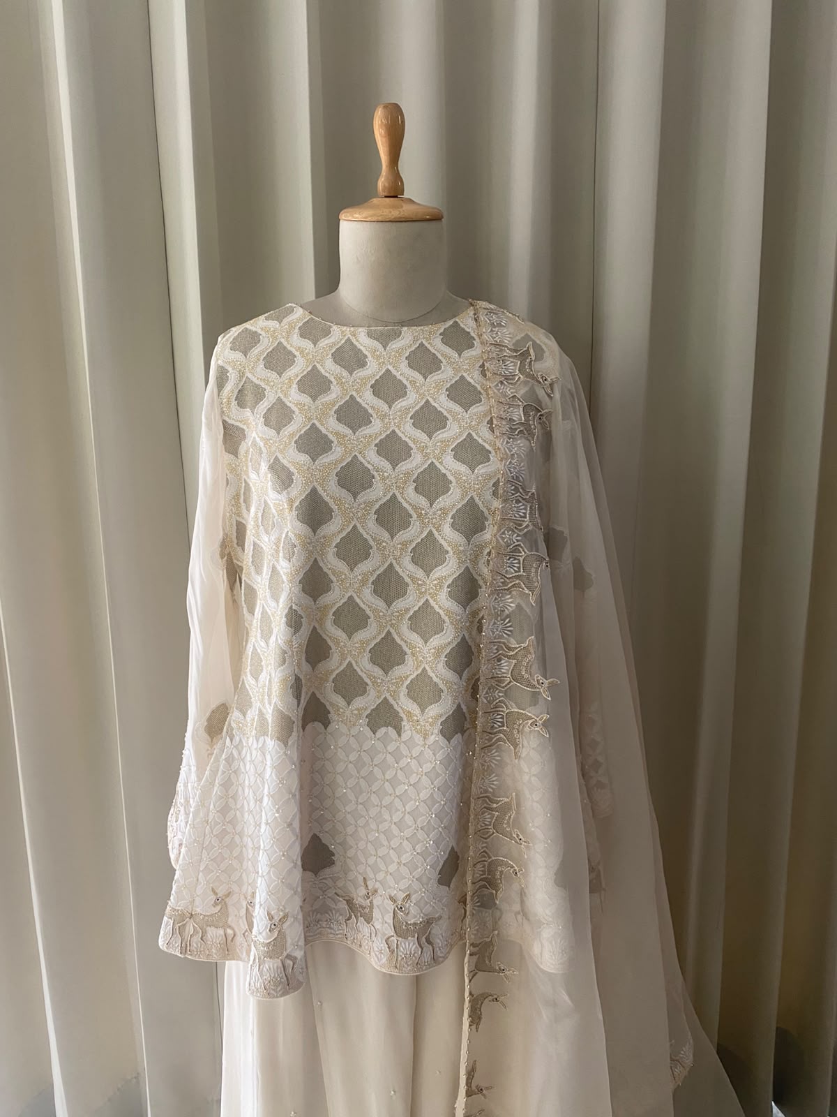 Ivory Georgette Chikankari Deer Sharara Set