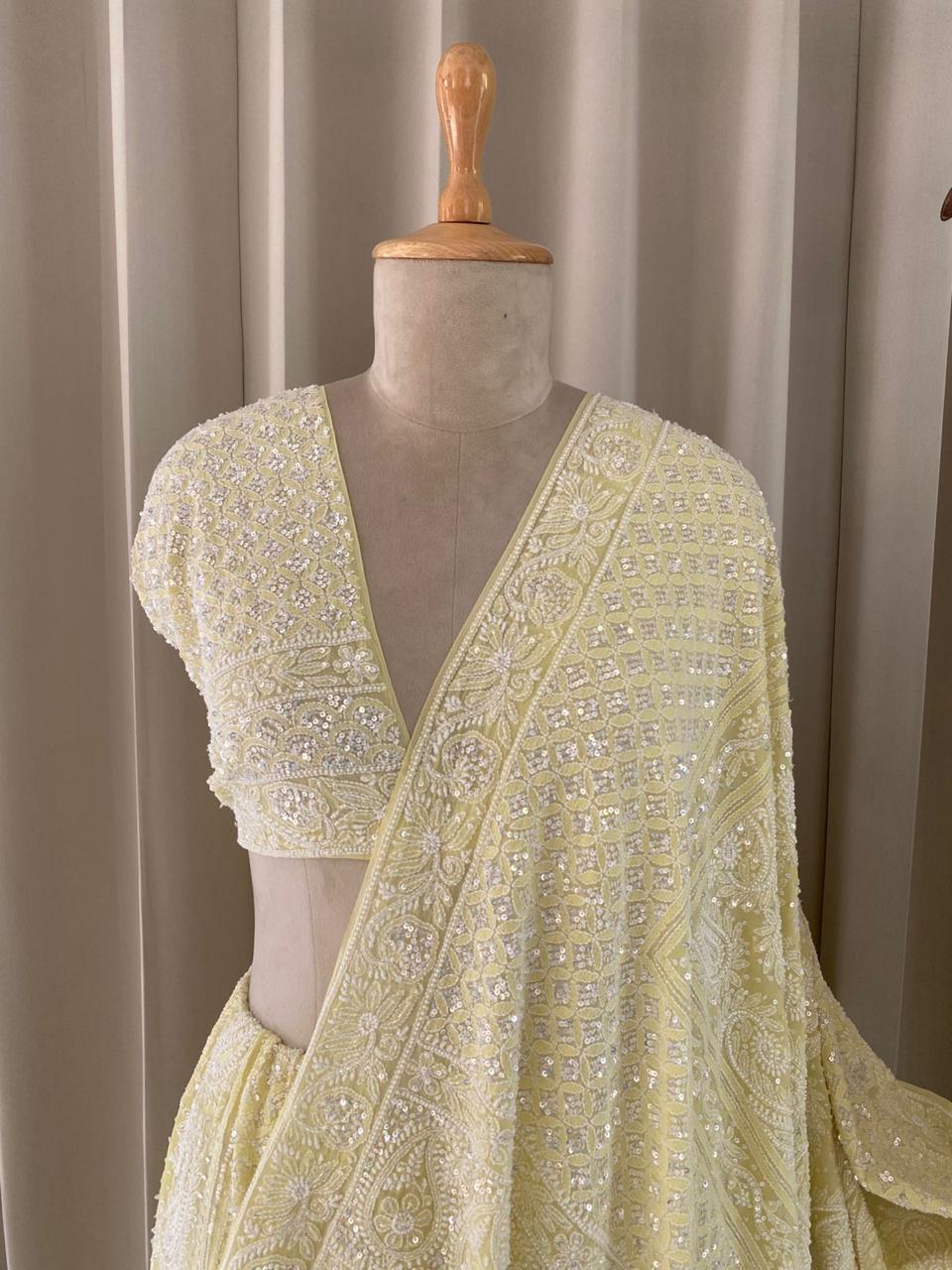 Butter Yellow Georgette Chikankari Lehenga Set