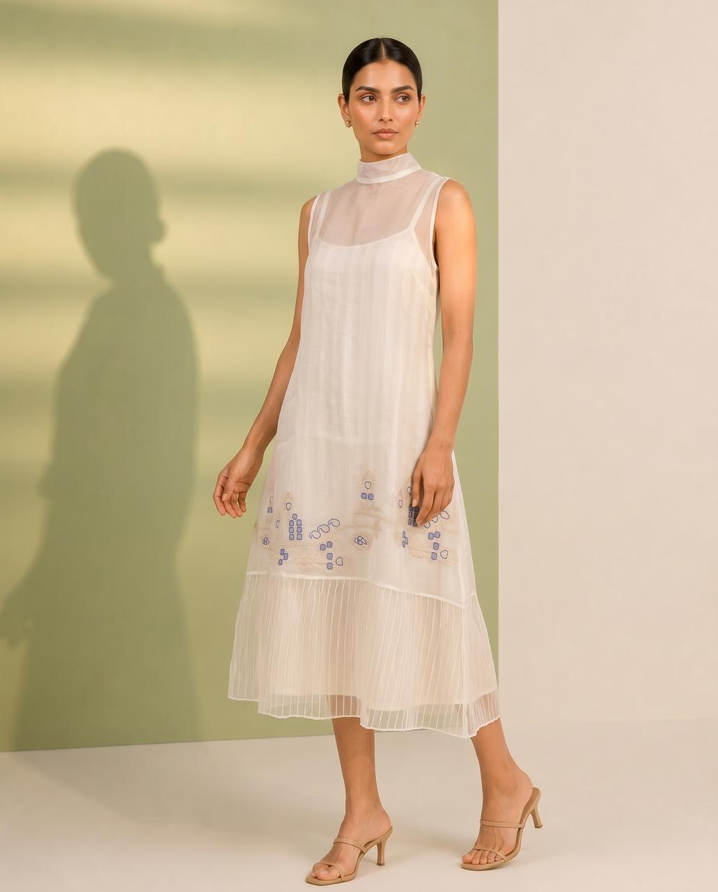 White Sleevesless organza Dress With Slip