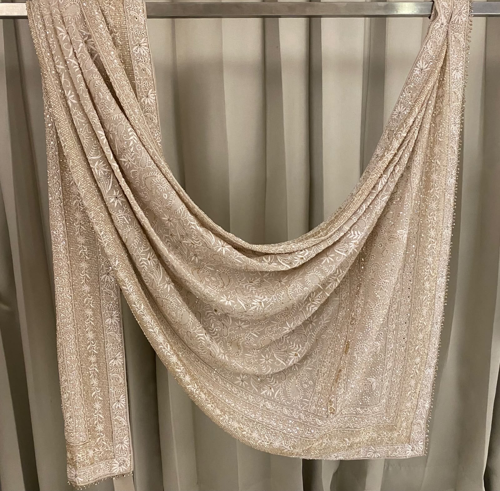 Beige Georgette Chikankari Dupatta with paisley motif