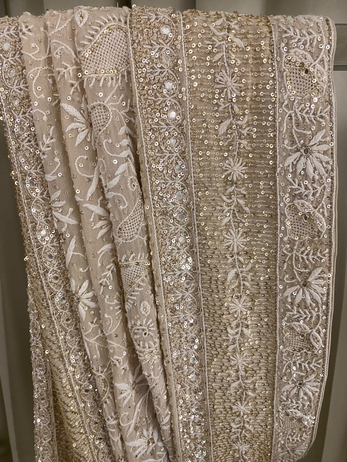 Beige Georgette Chikankari Dupatta with paisley motif