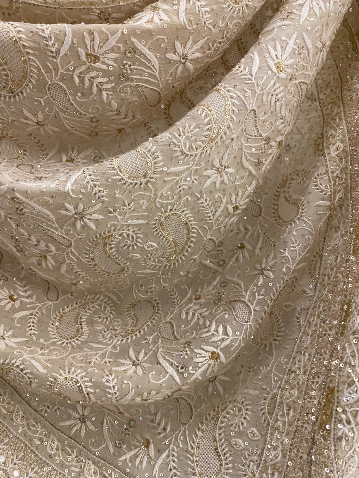 Beige Georgette Chikankari Dupatta with paisley motif