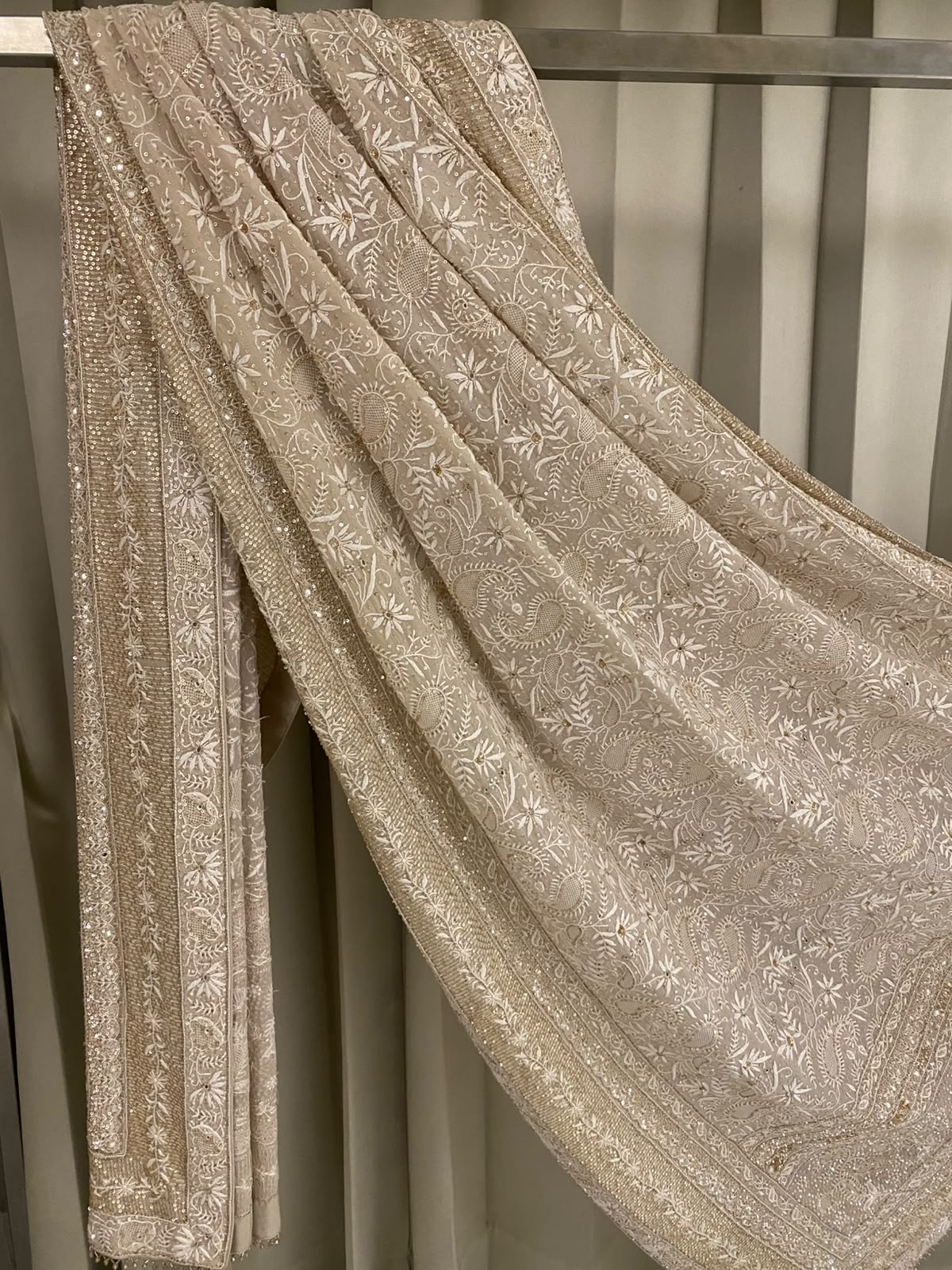 Beige Georgette Chikankari Dupatta with paisley motif