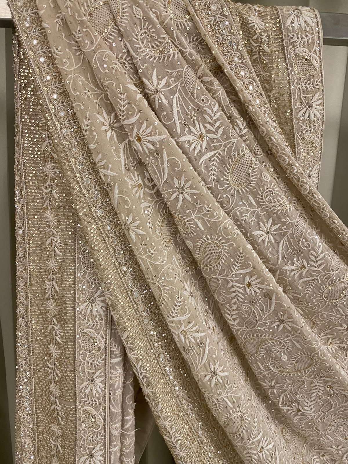 Beige Georgette Chikankari Dupatta with paisley motif