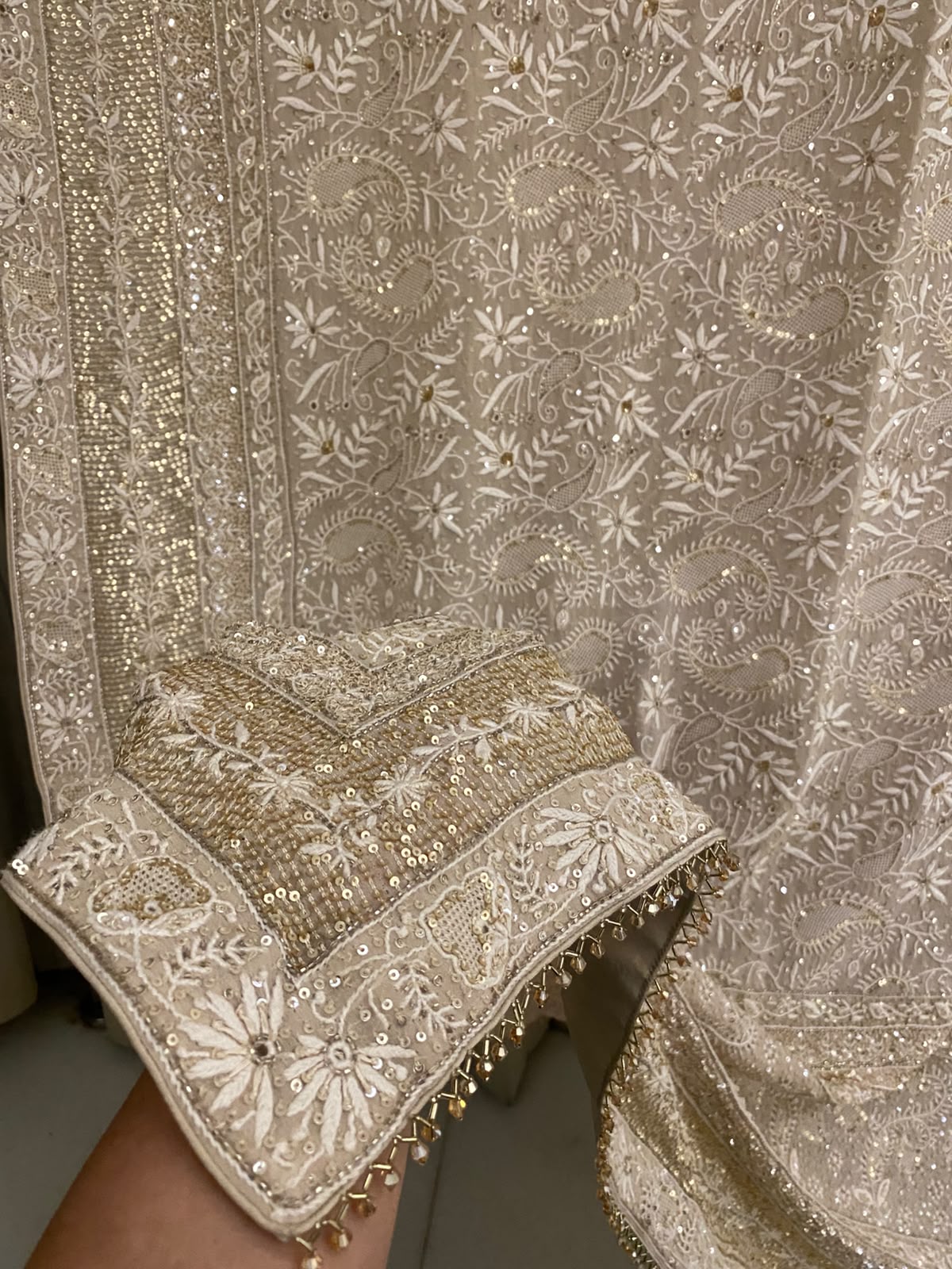 Beige Georgette Chikankari Dupatta with paisley motif