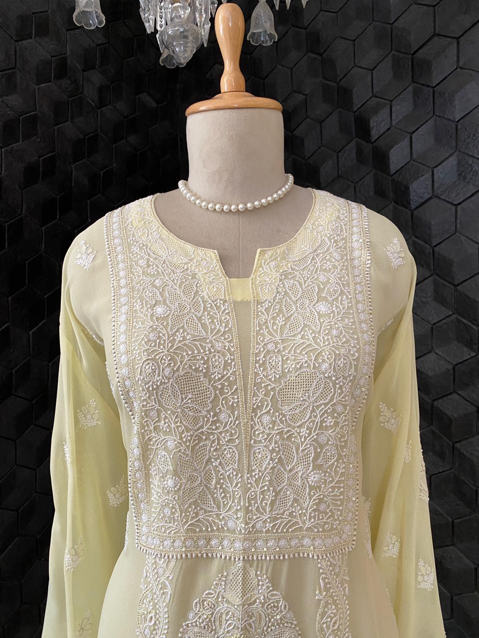 Yellow Chikankari Georgette Kurta And Dupatta Set