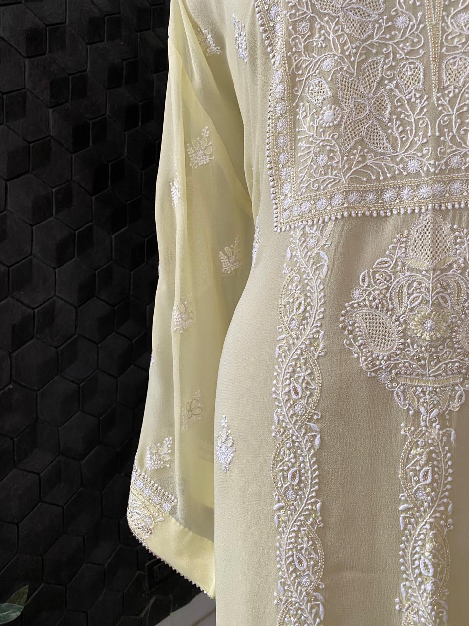 Yellow Chikankari Georgette Kurta And Dupatta Set