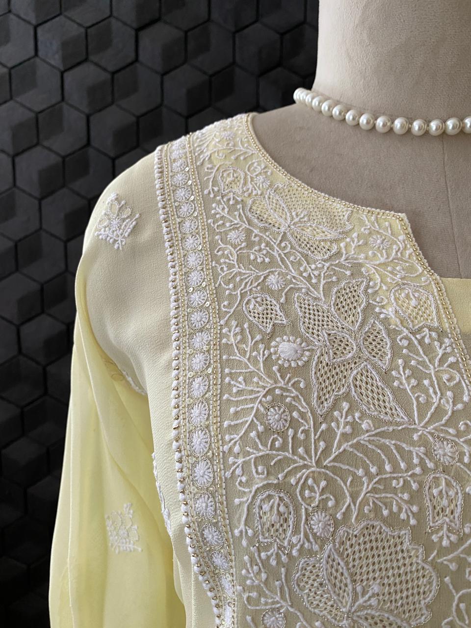 Yellow Chikankari Georgette Kurta And Dupatta Set