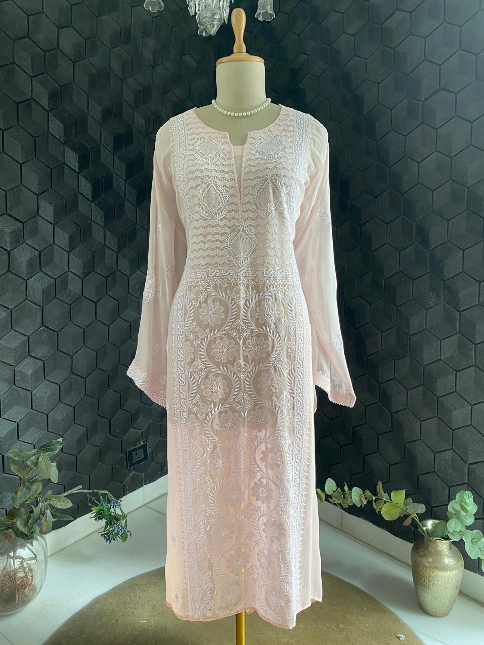 Peach Georgette Chikankari Kurta And Dupatta Set