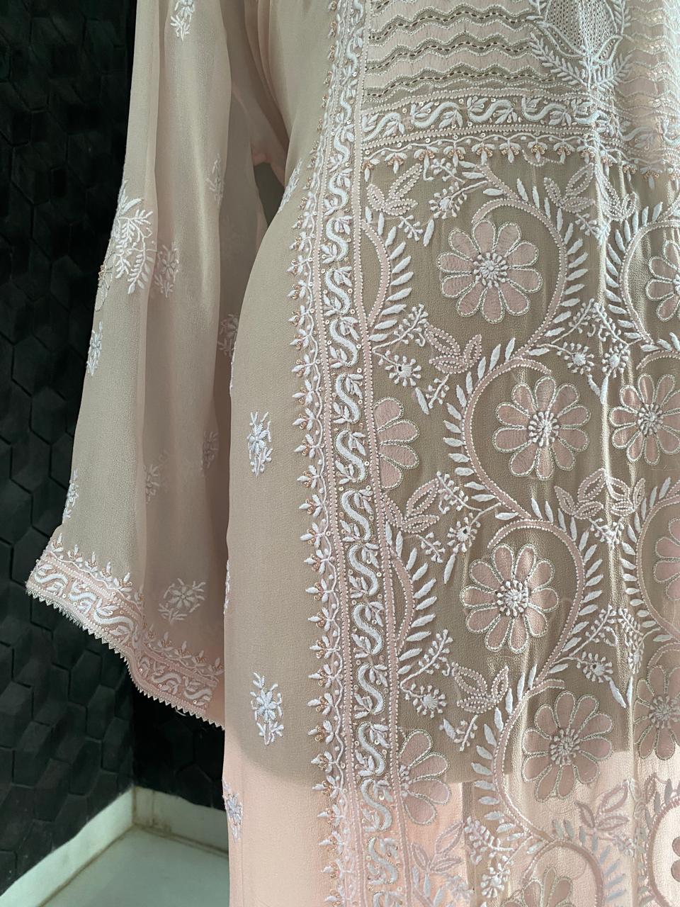 Peach Georgette Chikankari Kurta And Dupatta Set