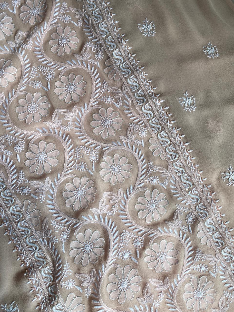 Peach Georgette Chikankari Kurta And Dupatta Set