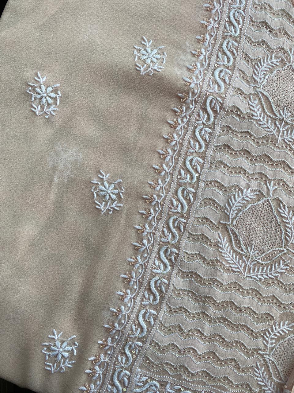 Peach Georgette Chikankari Kurta And Dupatta Set