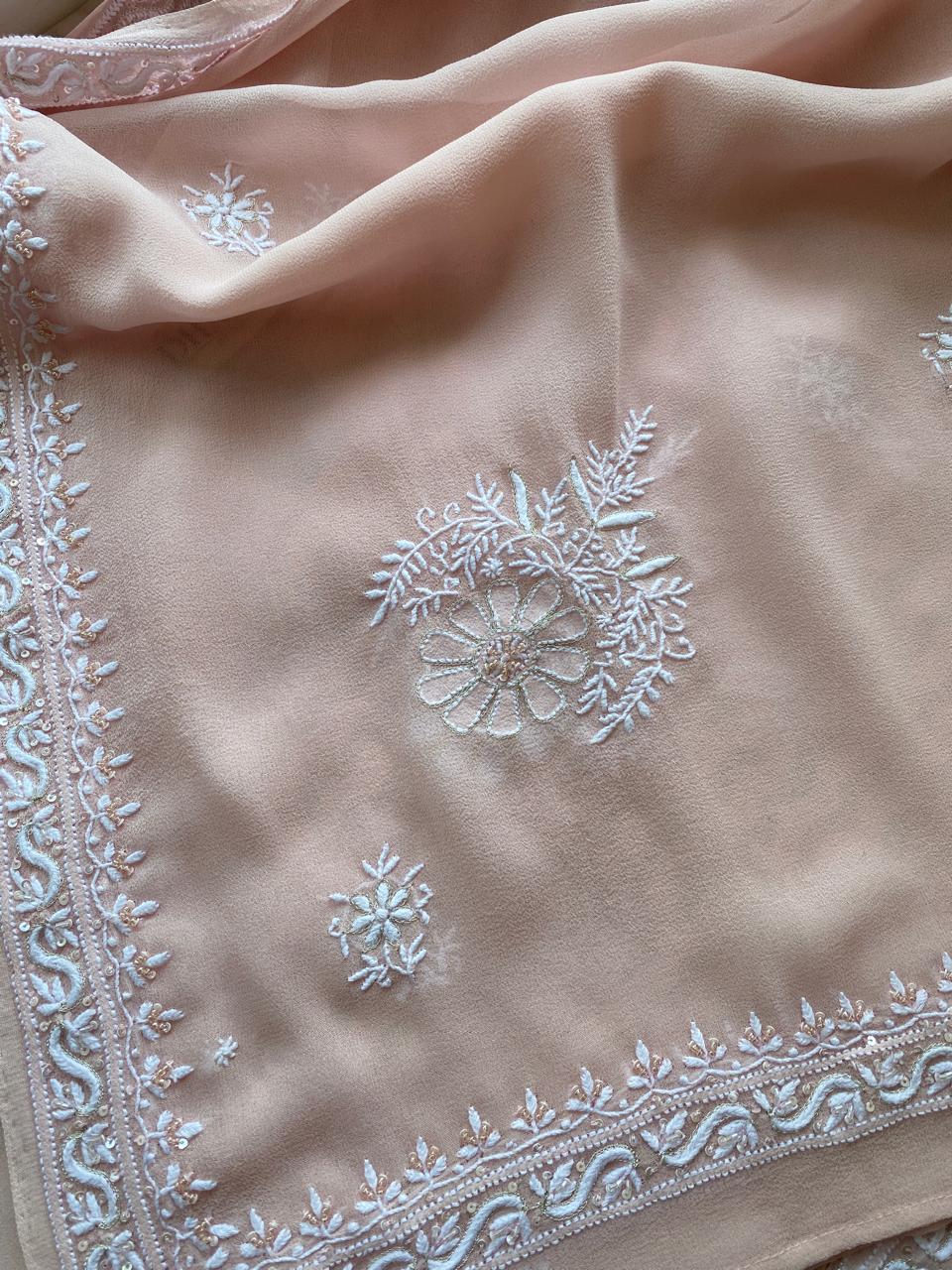 Peach Georgette Chikankari Kurta And Dupatta Set