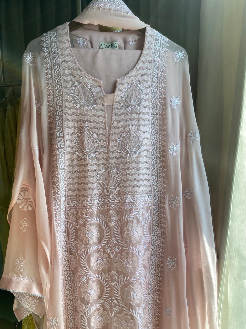 Peach Georgette Chikankari Kurta And Dupatta Set