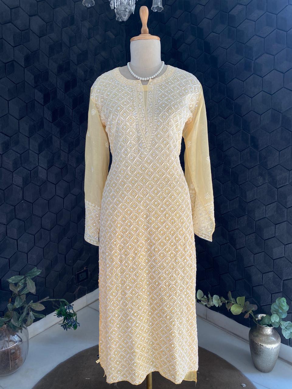 Yellow Mul Chanderi Chikankari Kurta Set with Mirror Work