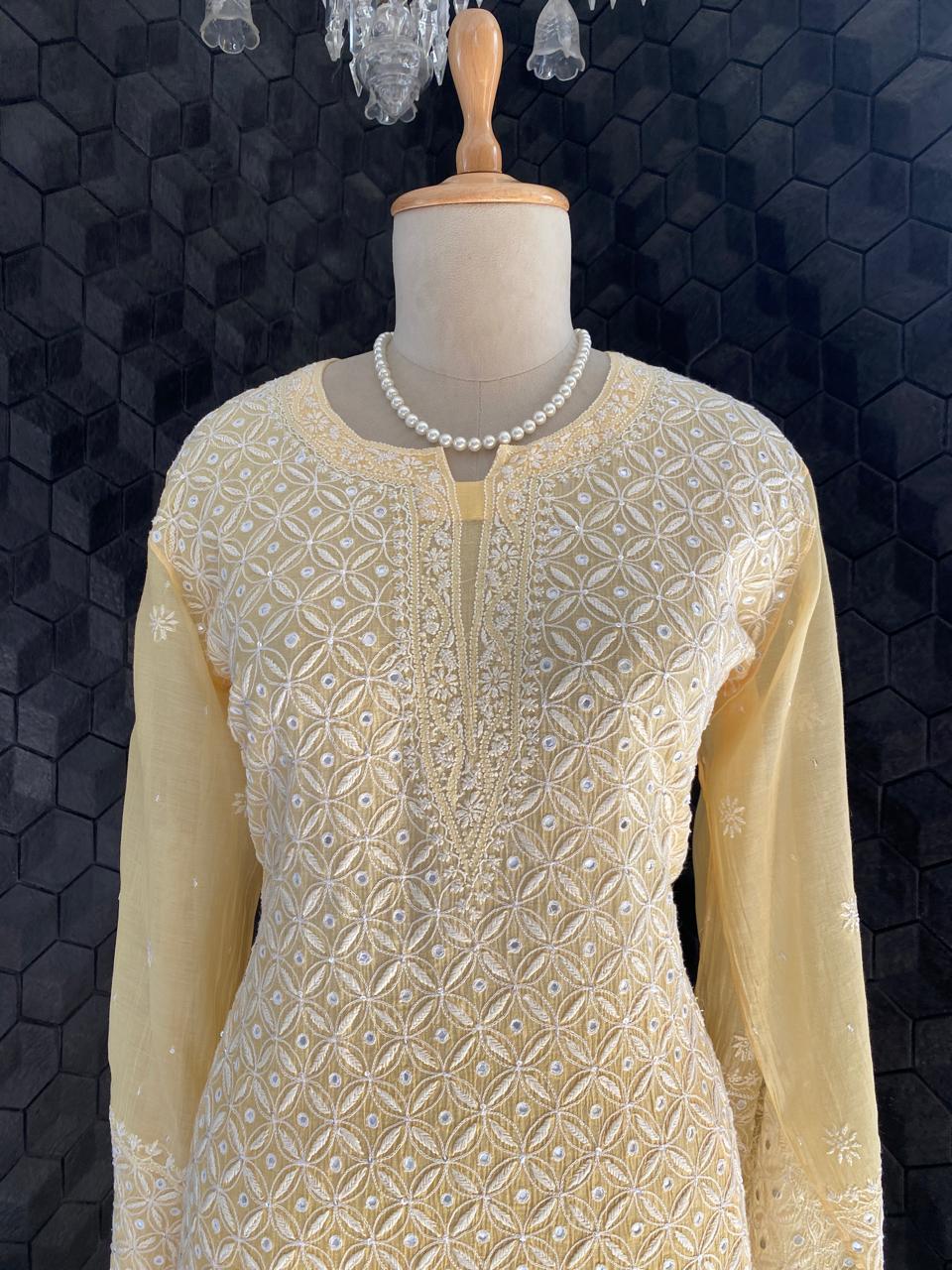 Yellow Mul Chanderi Chikankari Kurta Set with Mirror Work
