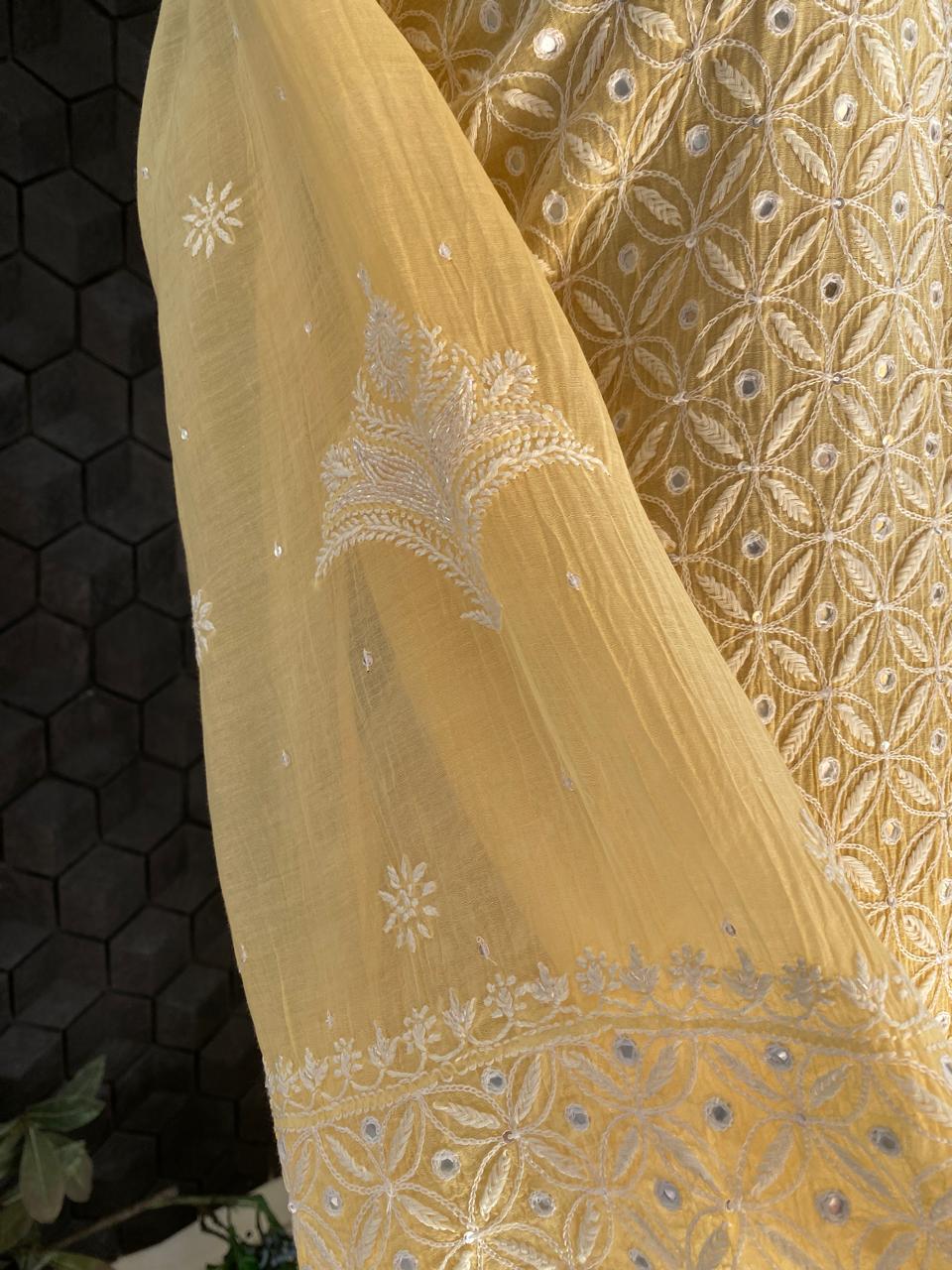 Yellow Mul Chanderi Chikankari Kurta Set with Mirror Work