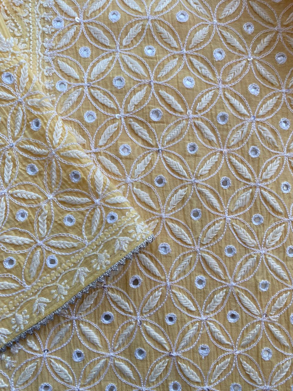 Yellow Mul Chanderi Chikankari Kurta Set with Mirror Work