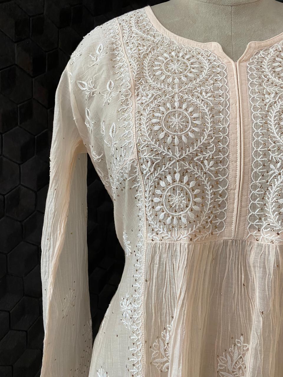 Peach Mul Chanderi Chikankari and Mukaish Sharara Set with Statement Paan Boota