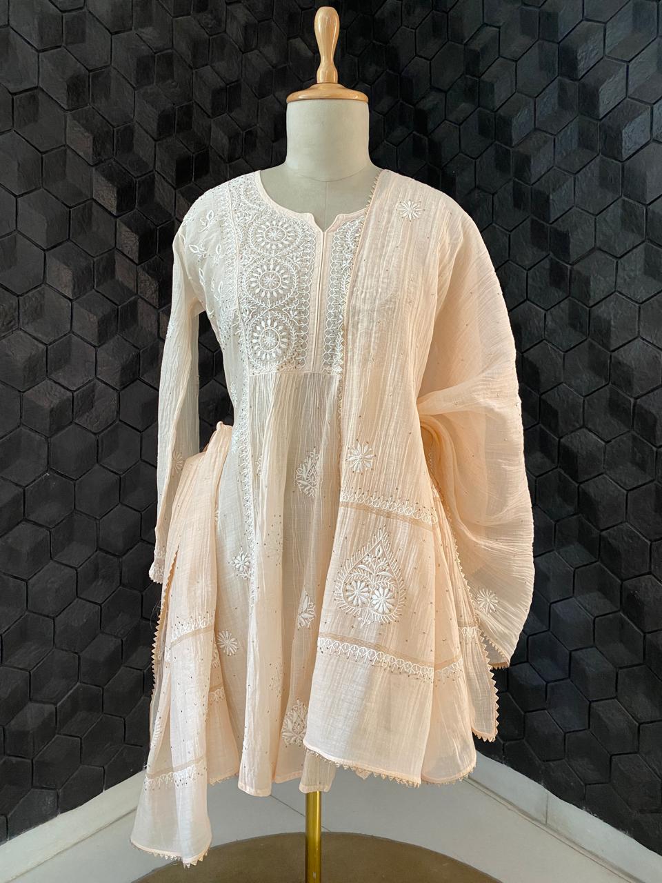 Peach Mul Chanderi Chikankari and Mukaish Sharara Set with Statement Paan Boota
