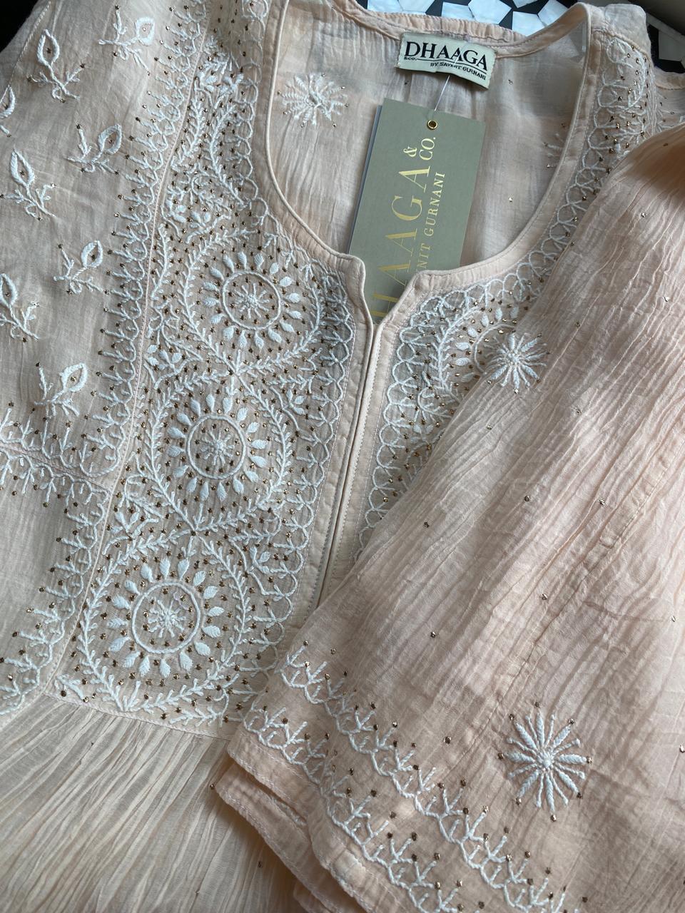 Peach Mul Chanderi Chikankari and Mukaish Sharara Set with Statement Paan Boota