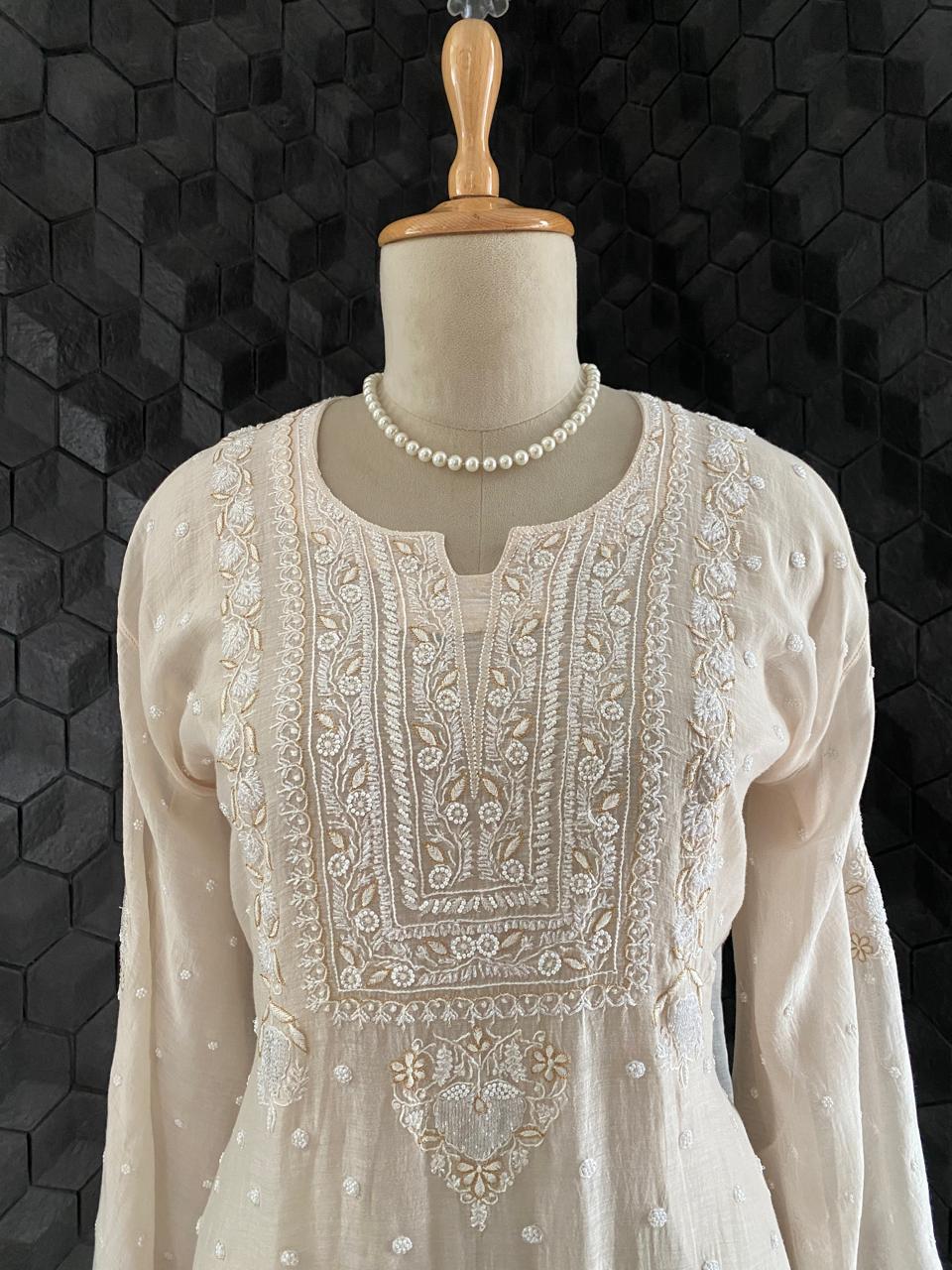 Ombre Sage Green Mul Chanderi Chikankari Kurta Set