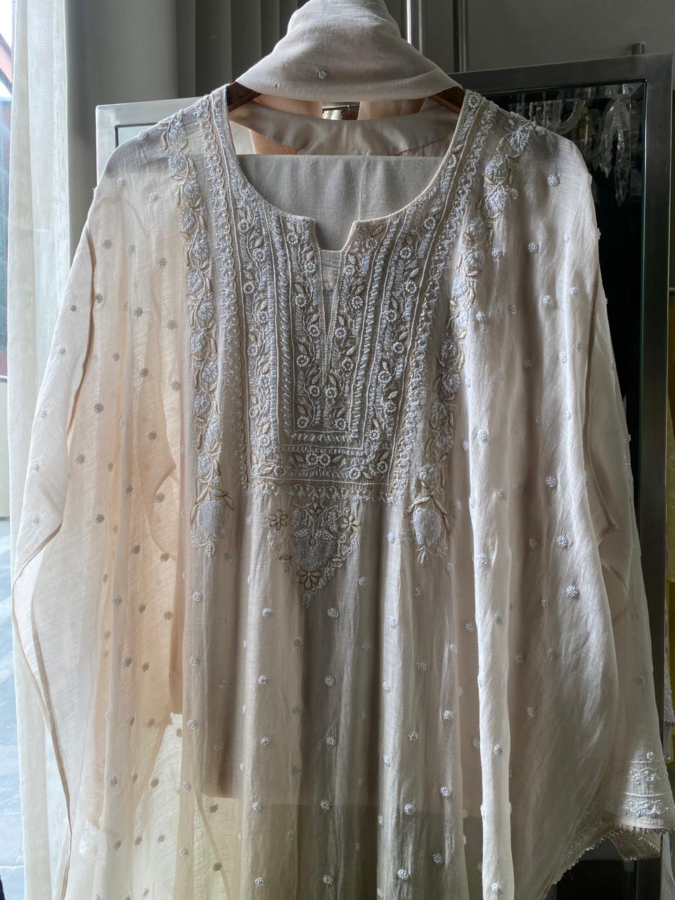 Ombre Sage Green Mul Chanderi Chikankari Kurta Set