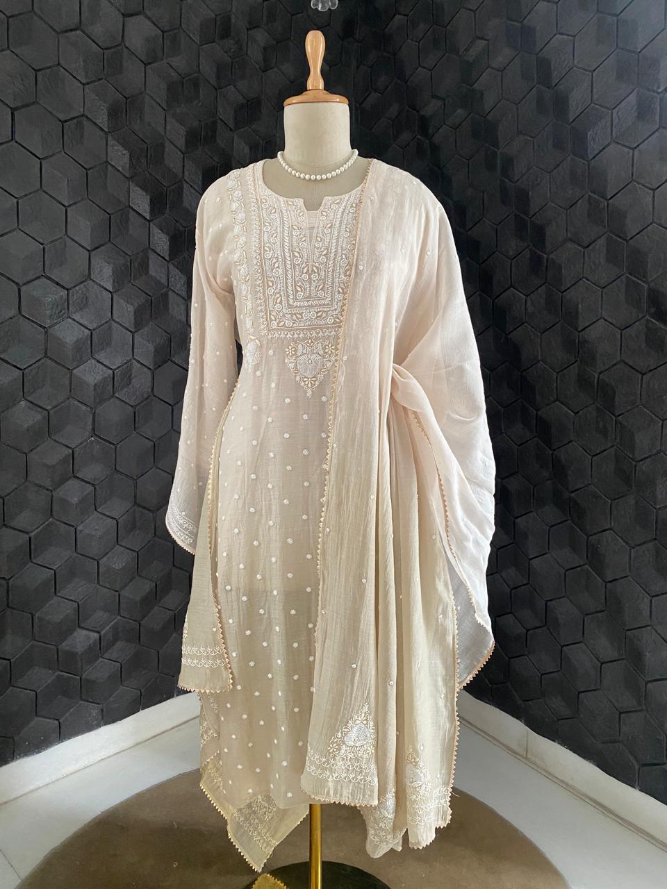 Ombre Sage Green Mul Chanderi Chikankari Kurta Set