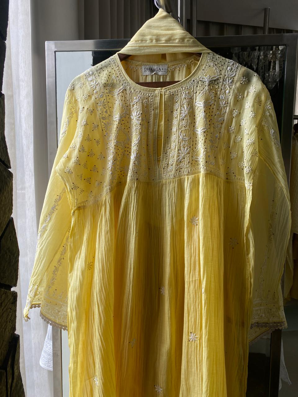Yellow Mul Chanderi Chikankari and Mukaish Sharara Set