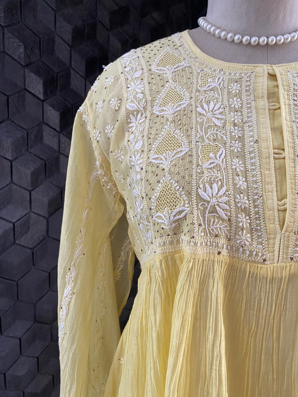 Yellow Mul Chanderi Chikankari and Mukaish Sharara Set