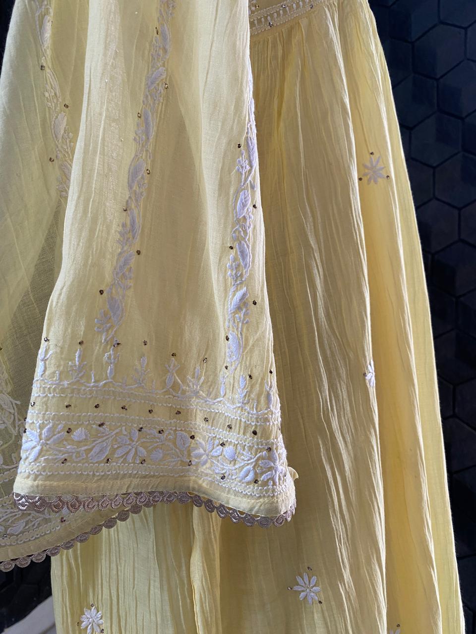 Yellow Mul Chanderi Chikankari and Mukaish Sharara Set