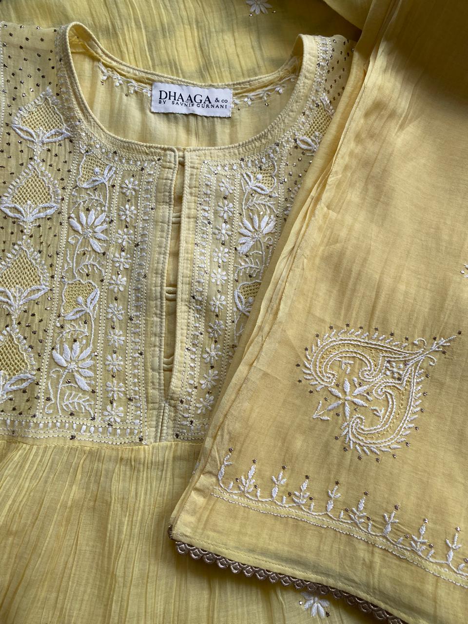 Yellow Mul Chanderi Chikankari and Mukaish Sharara Set
