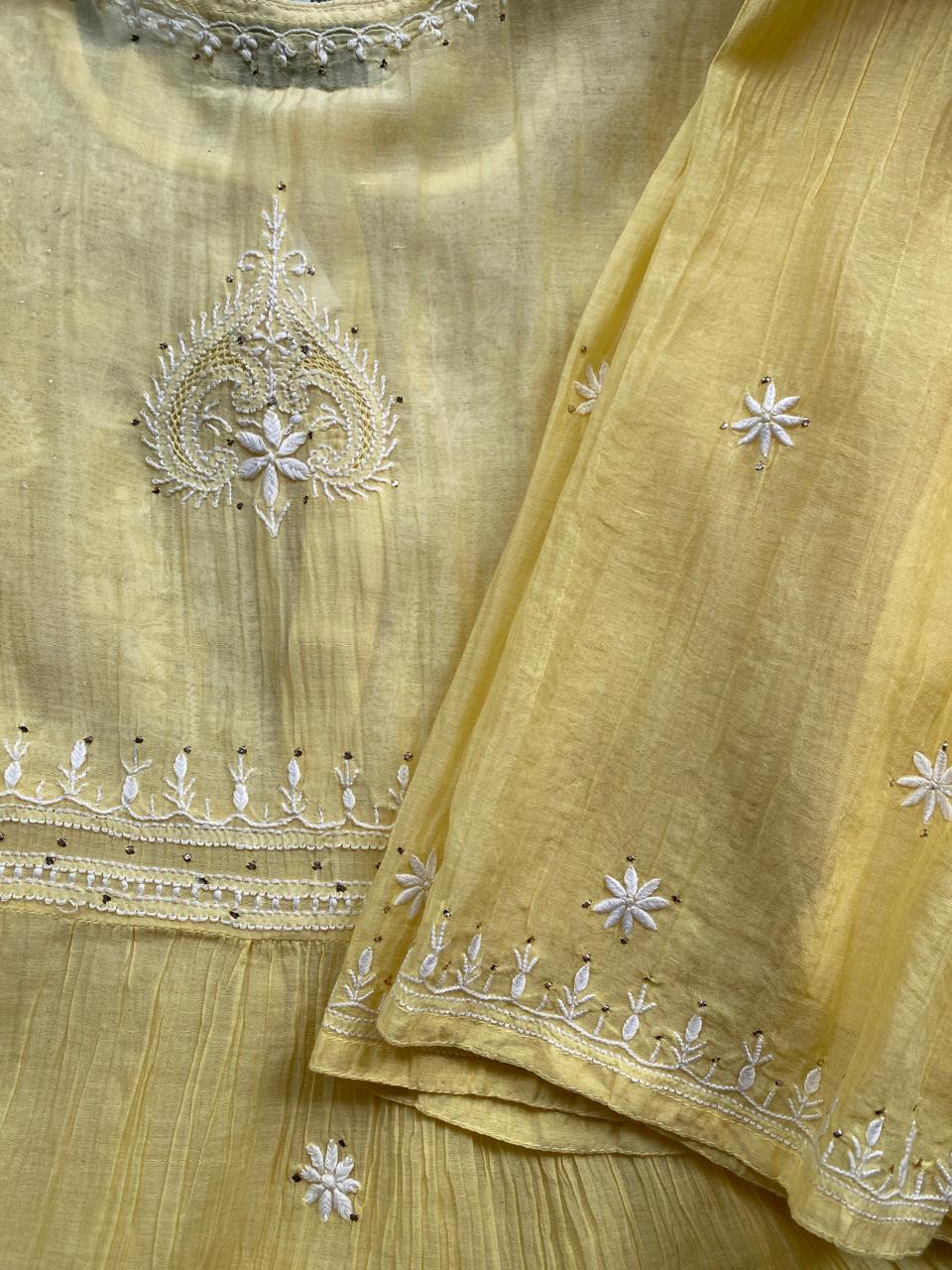 Yellow Mul Chanderi Chikankari and Mukaish Sharara Set