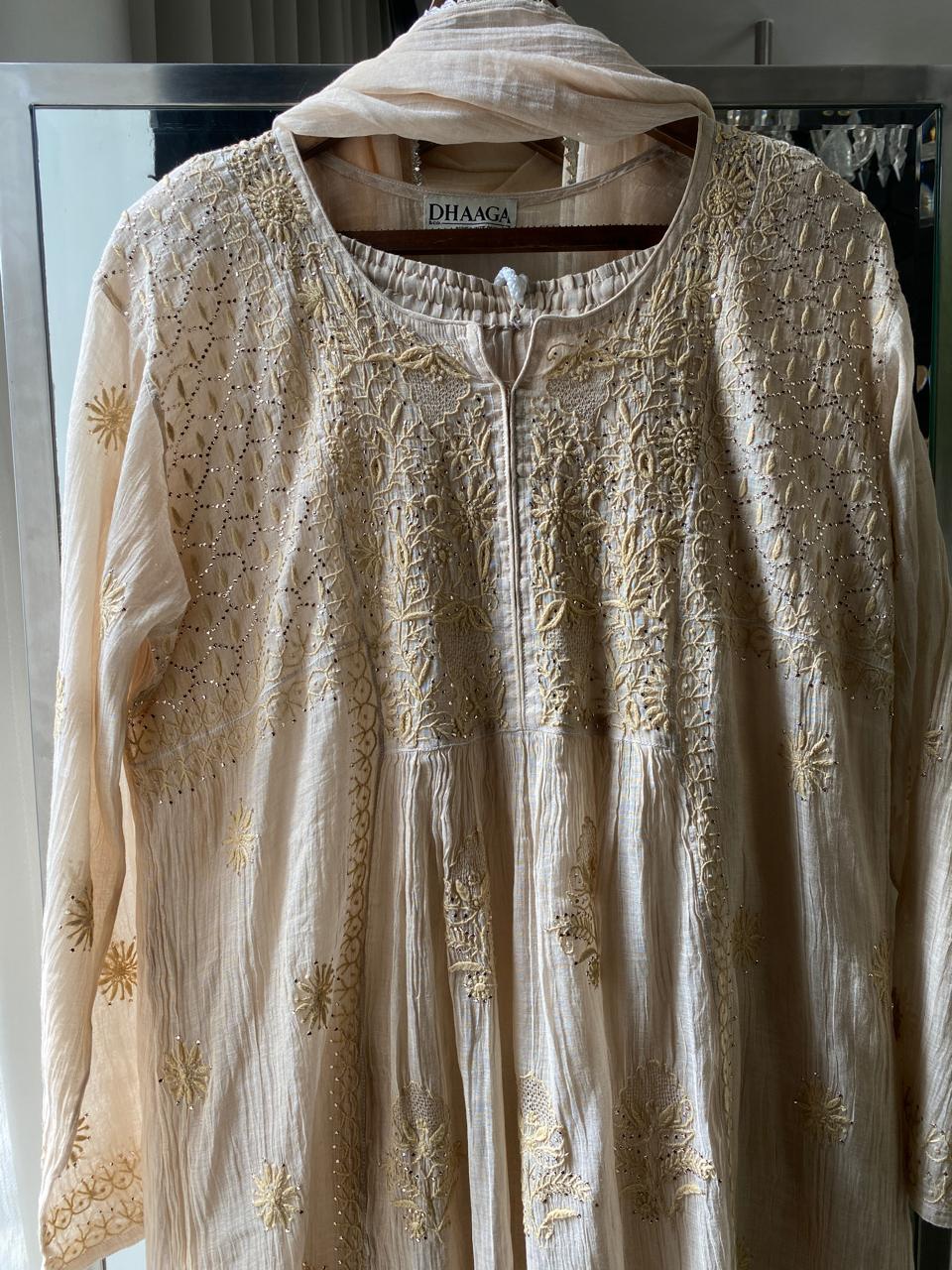 Beige Mul Chanderi Chikankari and Mukaish Sharara Set