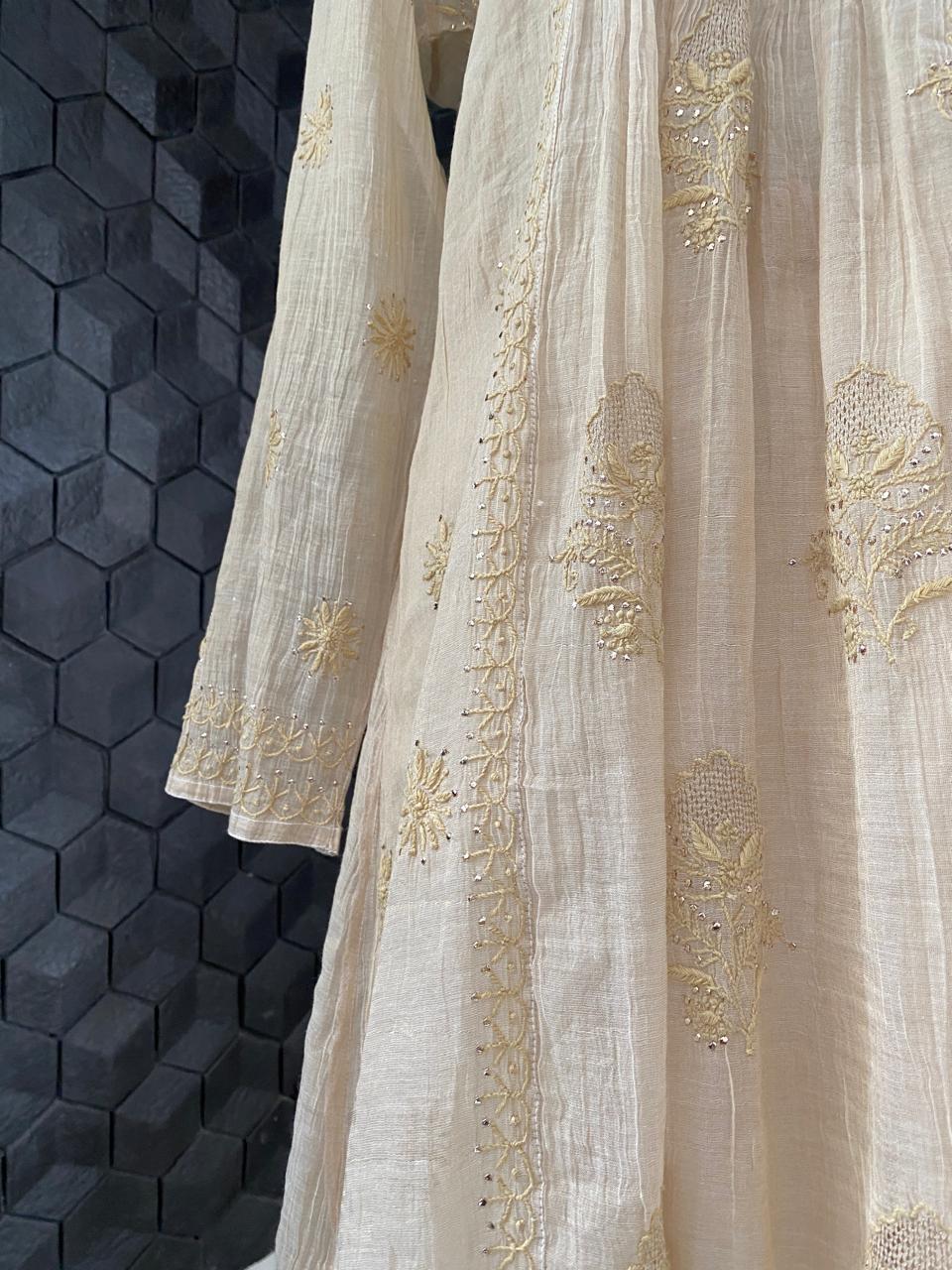 Beige Mul Chanderi Chikankari and Mukaish Sharara Set