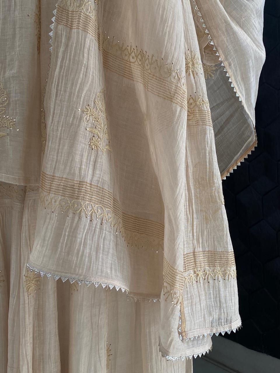 Beige Mul Chanderi Chikankari and Mukaish Sharara Set