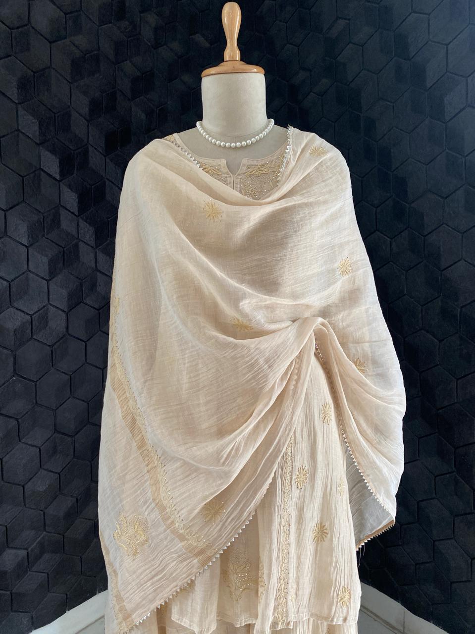 Beige Mul Chanderi Chikankari and Mukaish Sharara Set