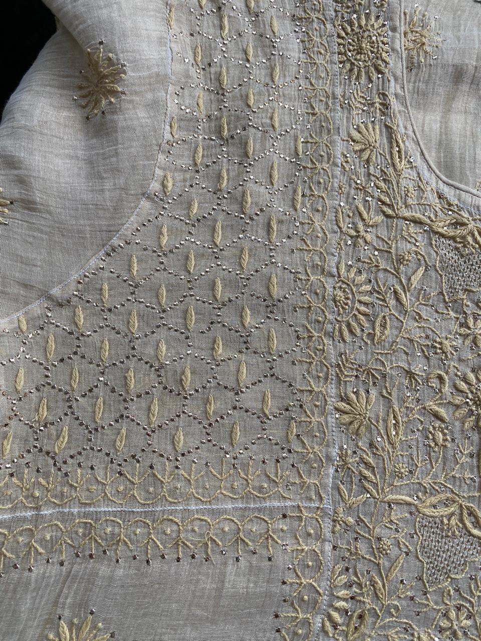 Beige Mul Chanderi Chikankari and Mukaish Sharara Set